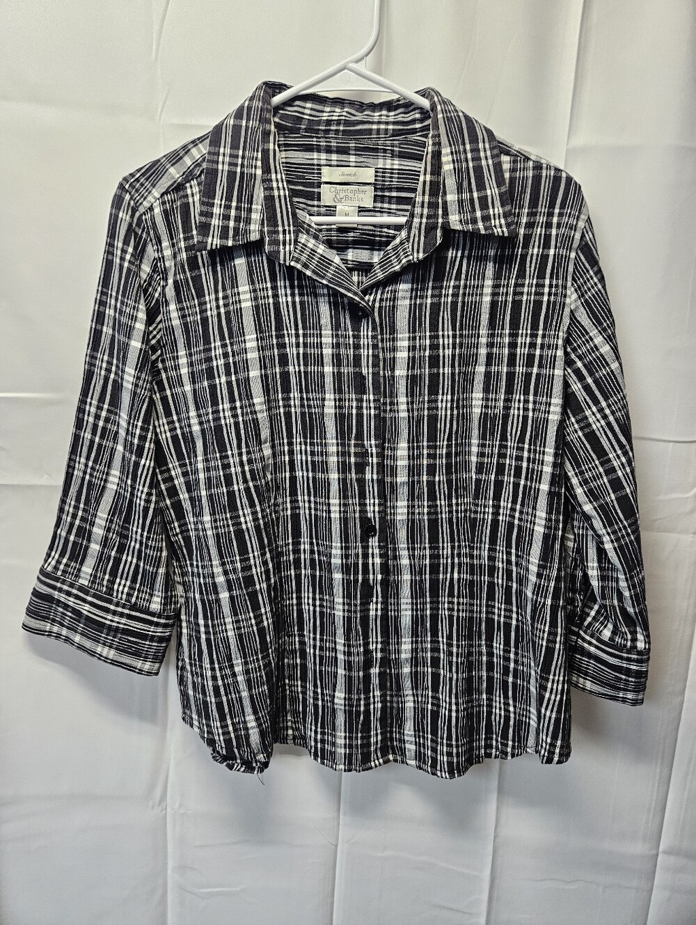 Christopher &Banks Black & White Plaid Seersucker Button-Up Shirt Nwot